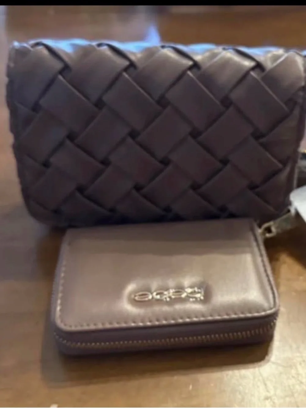 bebe Brown Woven Crossbody Bag with Brown Wallet
